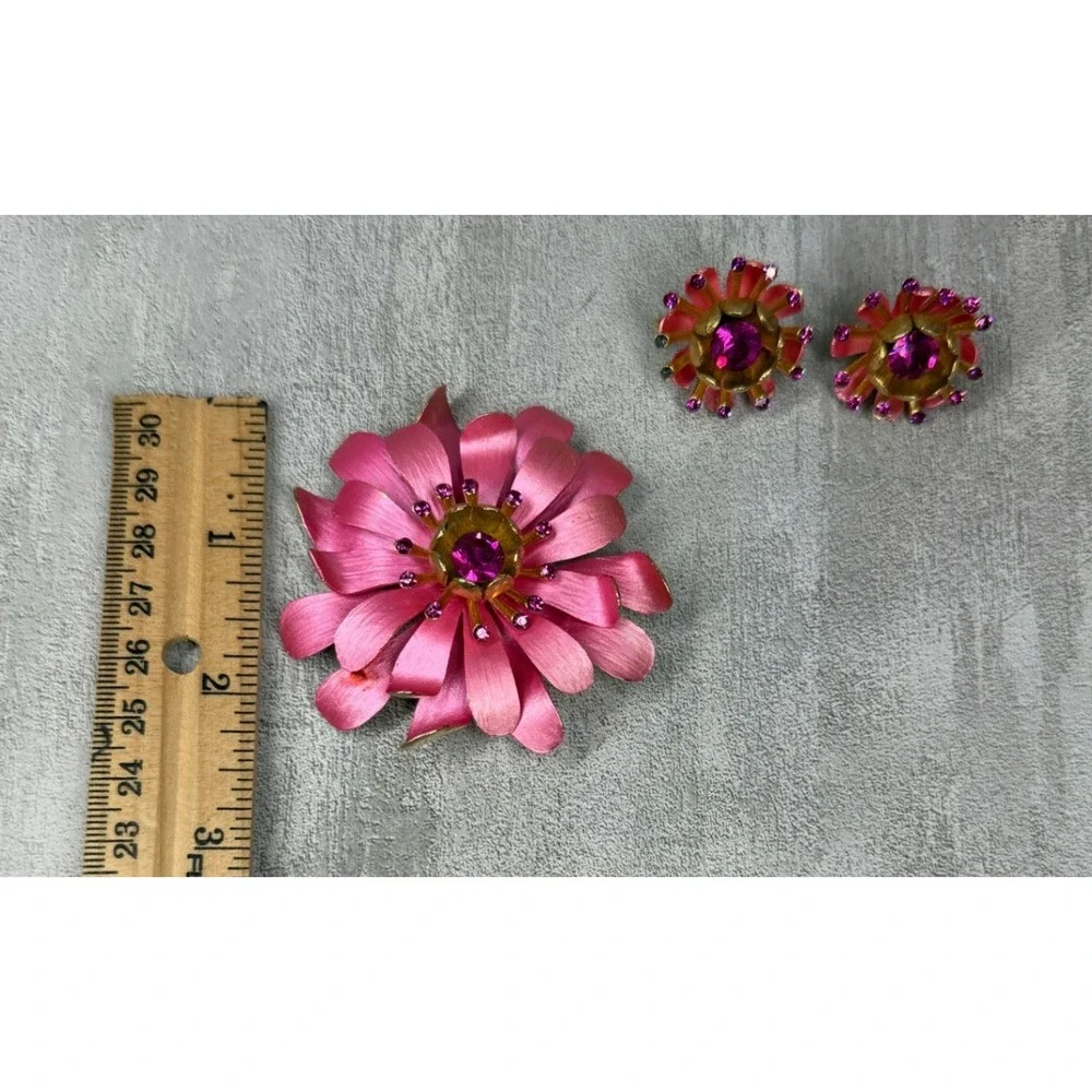 Vintage Pink Enamel Flower Brooch and Clip On Earrings Set Magenta Rhinestone